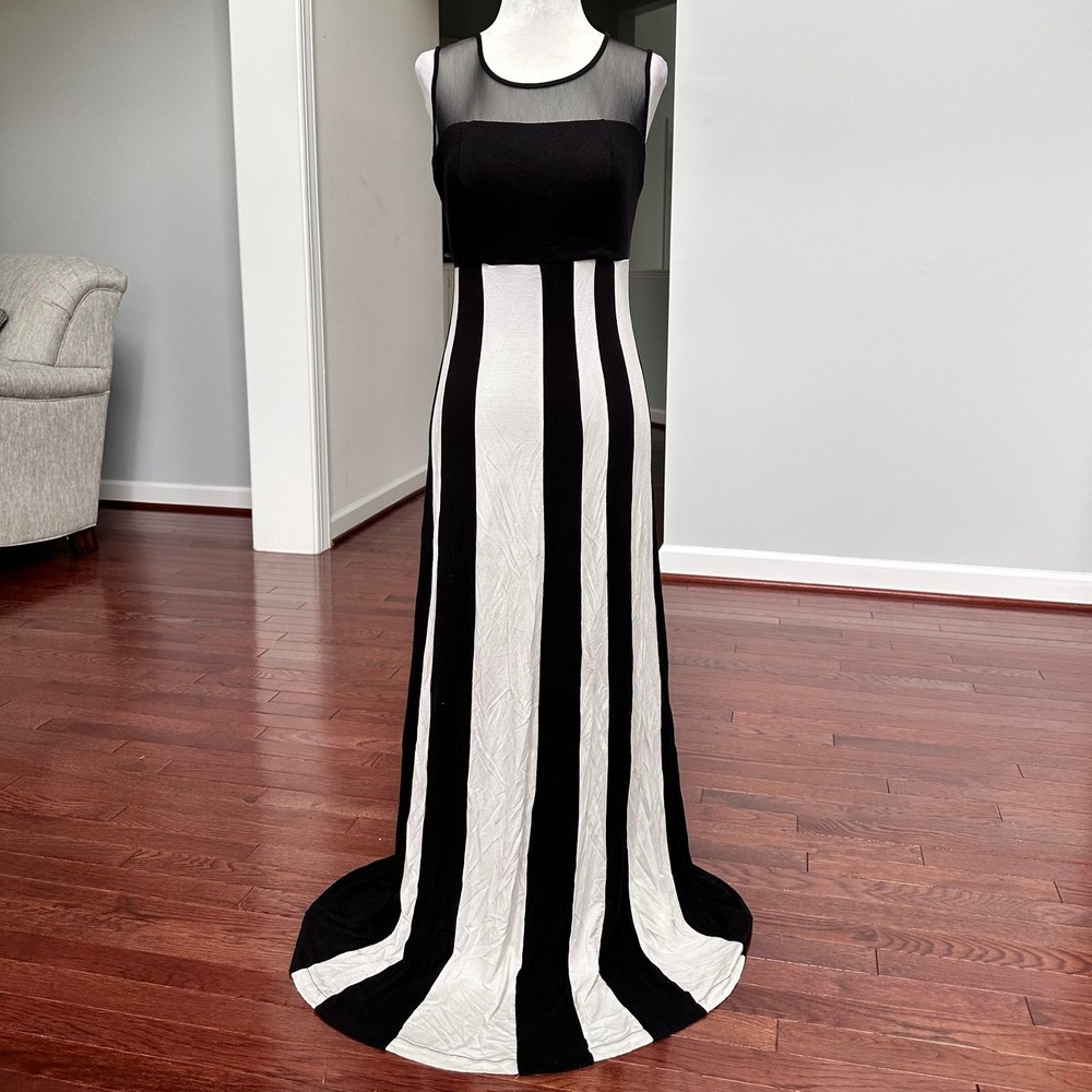 Vintage 2000s 5 Twelve White Black Striped Sheer Top Panel Maxi Sun Dress Size 6